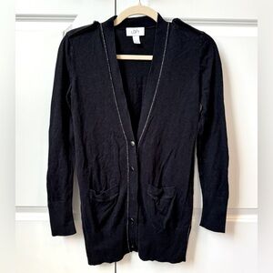 LOFT Navy Cardigan Sweater Long Knit Navy Blue Silver Cotton Rayon Nylon Small